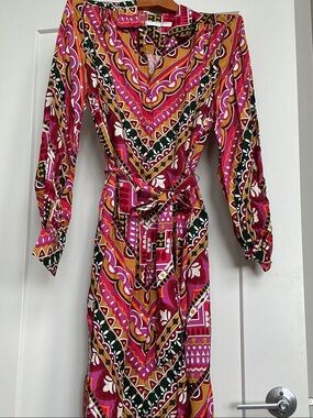 Trina Turk Multicolor Pink and Mustard Long Sleeve Wrap Dress